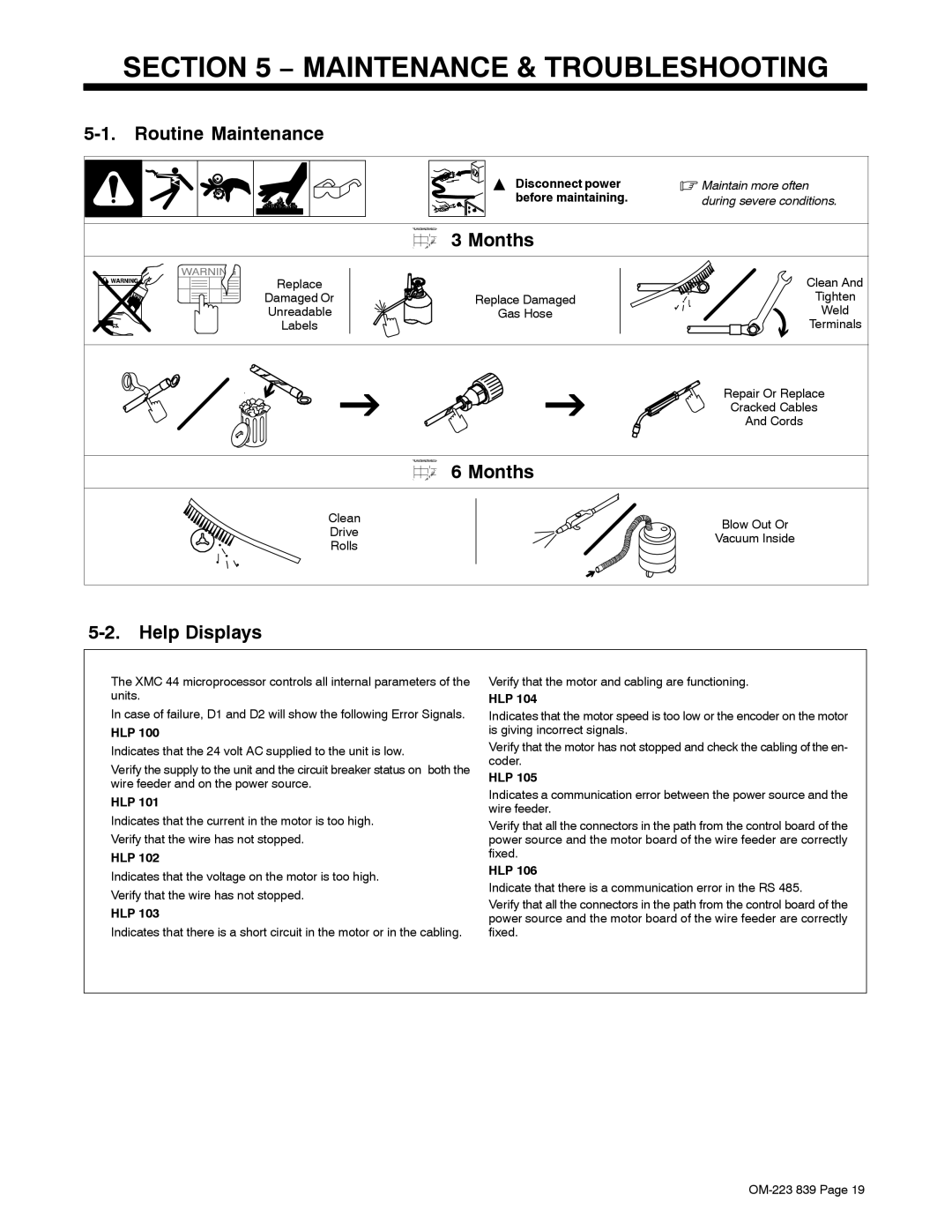 Miller Electric XMS 44 owner manual Maintenance & Troubleshooting, Hlp 