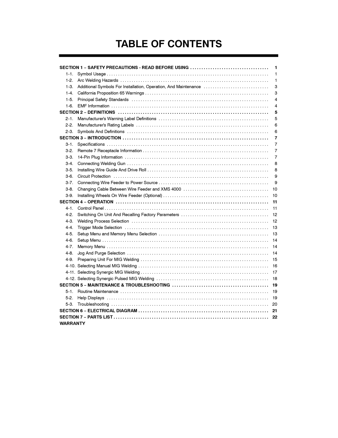 Miller Electric XMS 44 owner manual Table of Contents 