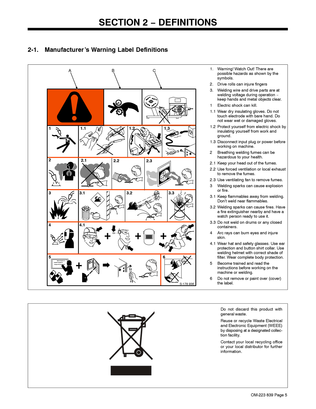 Miller Electric XMS 44 owner manual Manufacturer’s Warning Label Definitions 