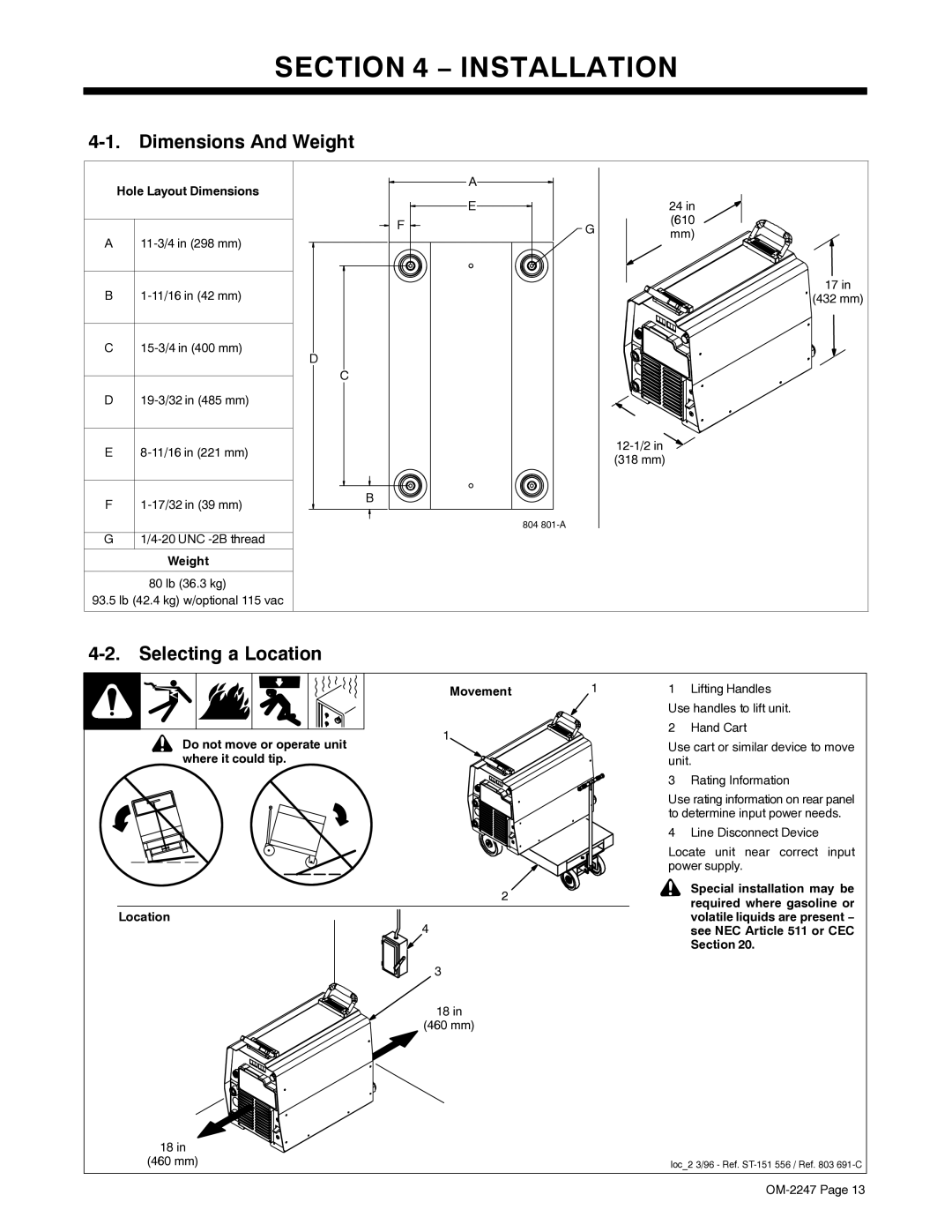 Miller Electric XMT 350 CC/CV manual Installation, Dimensions And Weight, Selecting a Location 