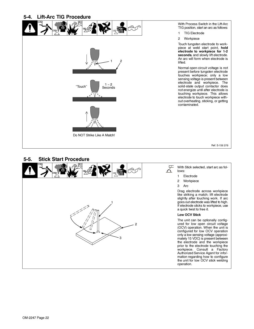 Miller Electric XMT 350 CC/CV manual Lift-Arc TIG Procedure, Stick Start Procedure, Low OCV Stick 