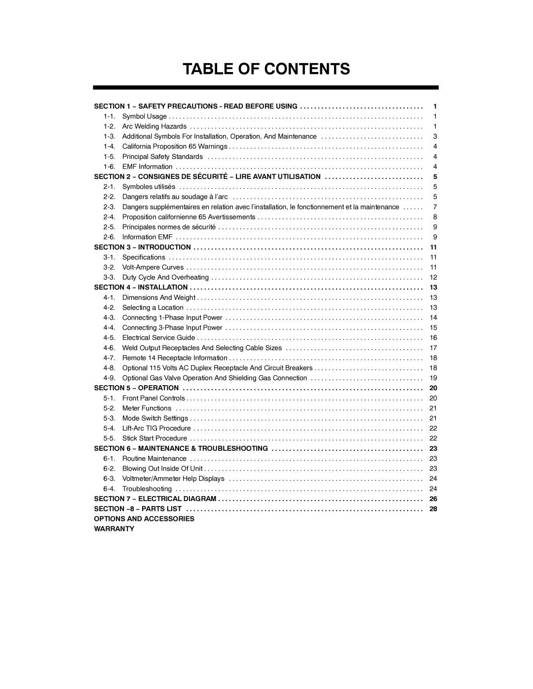 Miller Electric XMT 350 CC/CV manual Table of Contents 