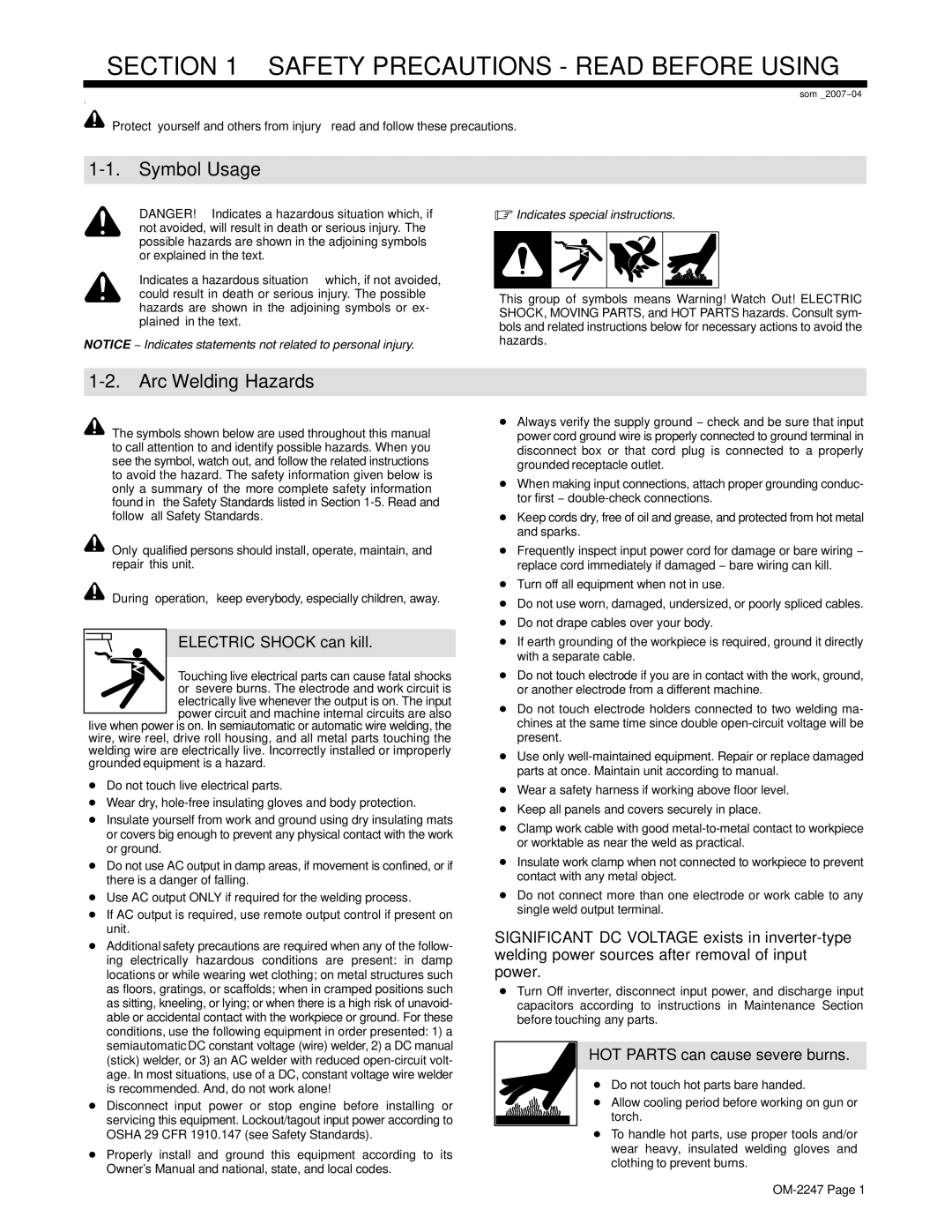 Miller Electric XMT 350 CC/CV Symbol Usage, Arc Welding Hazards, Electric Shock can kill, HOT Parts can cause severe burns 