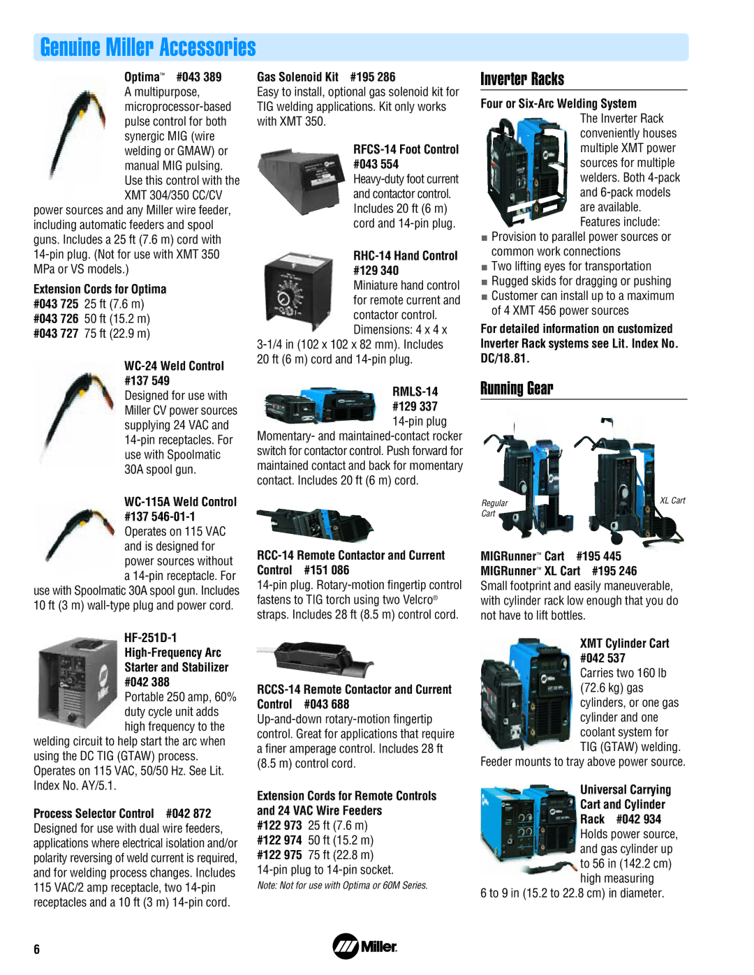 Miller Electric XMT 350 VS manual Genuine Miller Accessories, Inverter Racks, Running Gear 