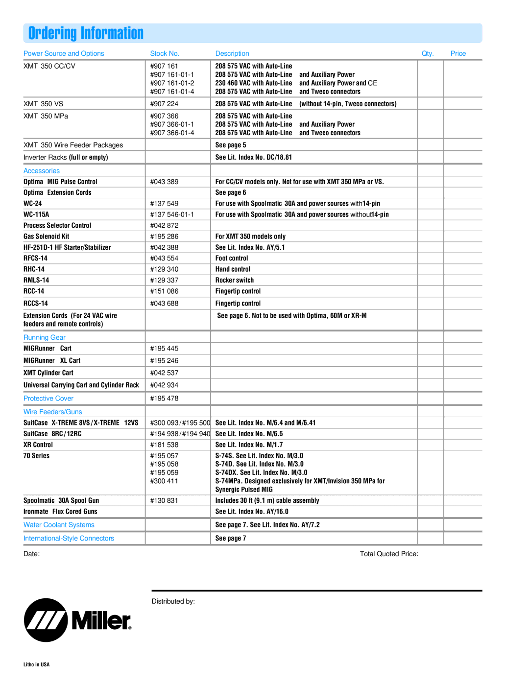 Miller Electric XMT 350 VS manual Ordering Information 