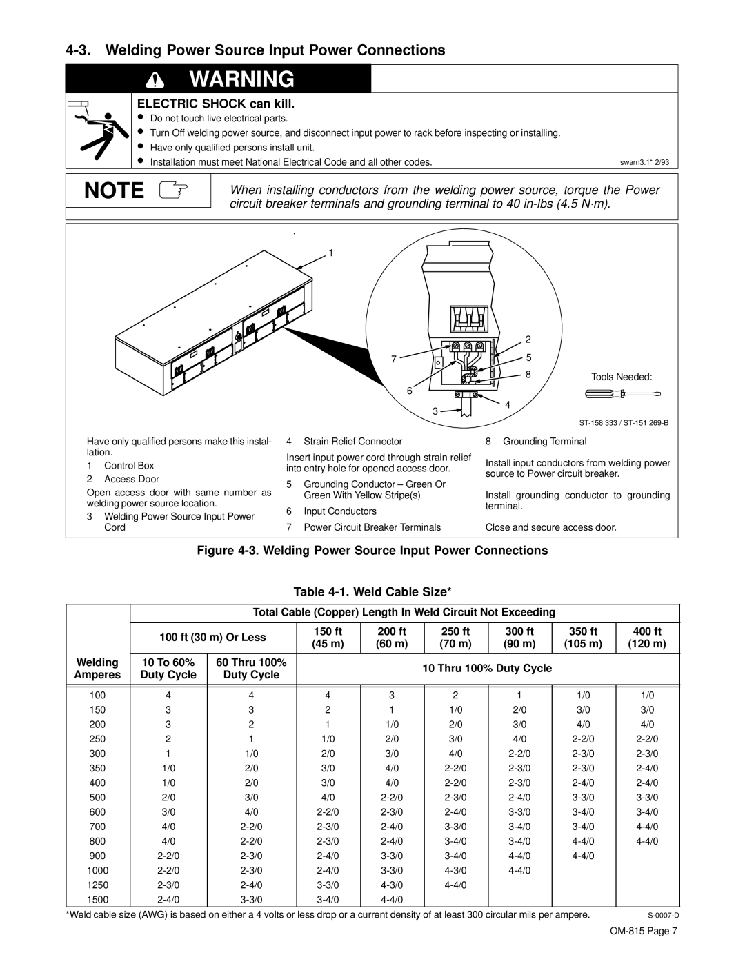 Miller Electric XMT 4-Rack manual Welding Power Source Input Power Connections, 400 ft, Duty Cycle 