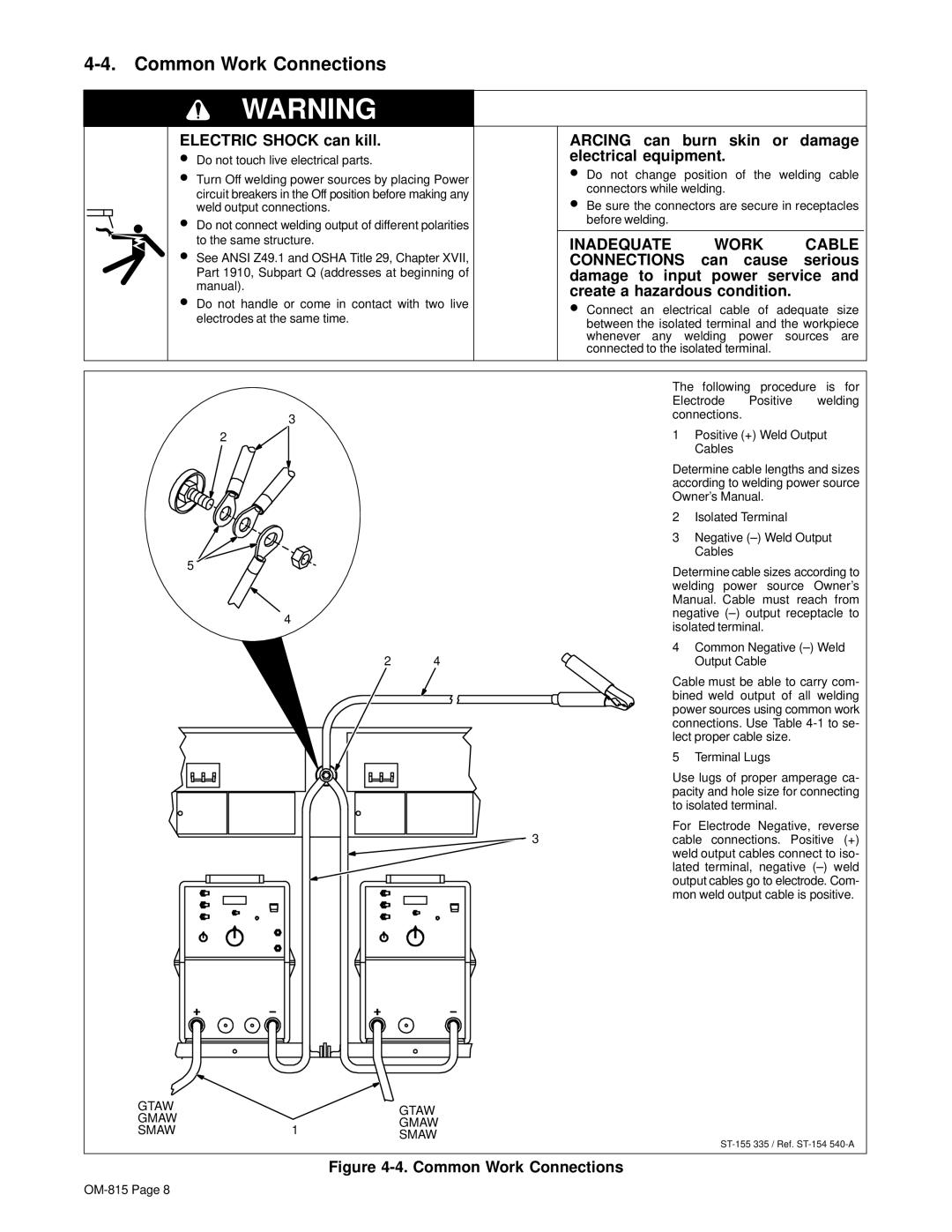 Miller Electric XMT 4-Rack manual Common Work Connections 