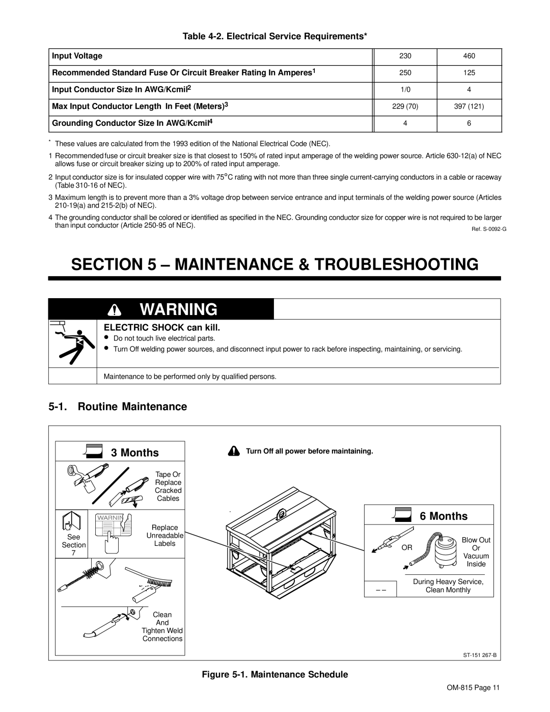 Miller Electric XMT 4-Rack Maintenance & Troubleshooting, Routine Maintenance Months, Electrical Service Requirements 