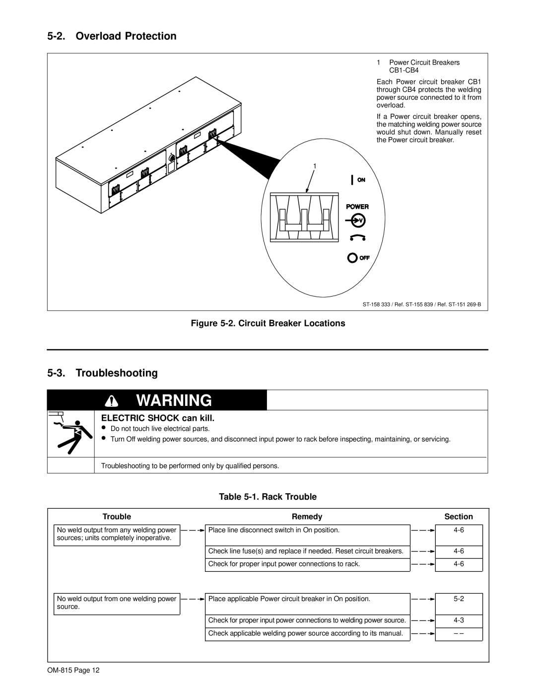 Miller Electric XMT 4-Rack manual Overload Protection, Troubleshooting, Rack Trouble, Trouble Remedy Section 