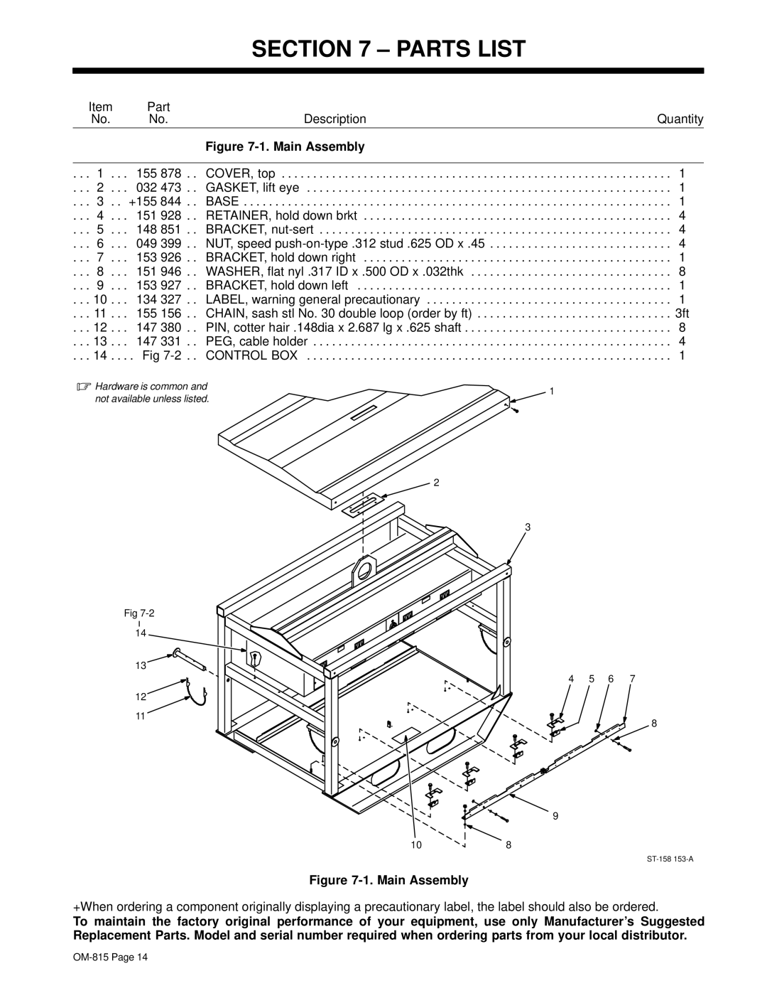 Miller Electric XMT 4-Rack manual Parts List, Main Assembly 