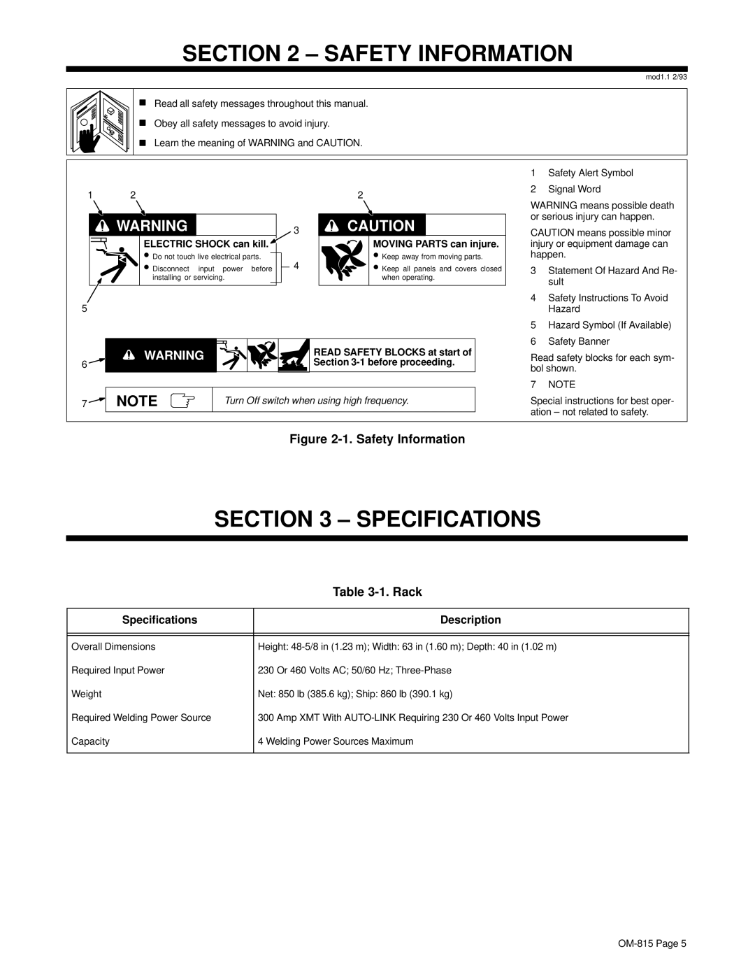 Miller Electric XMT 4-Rack manual Safety Information, Specifications Description 