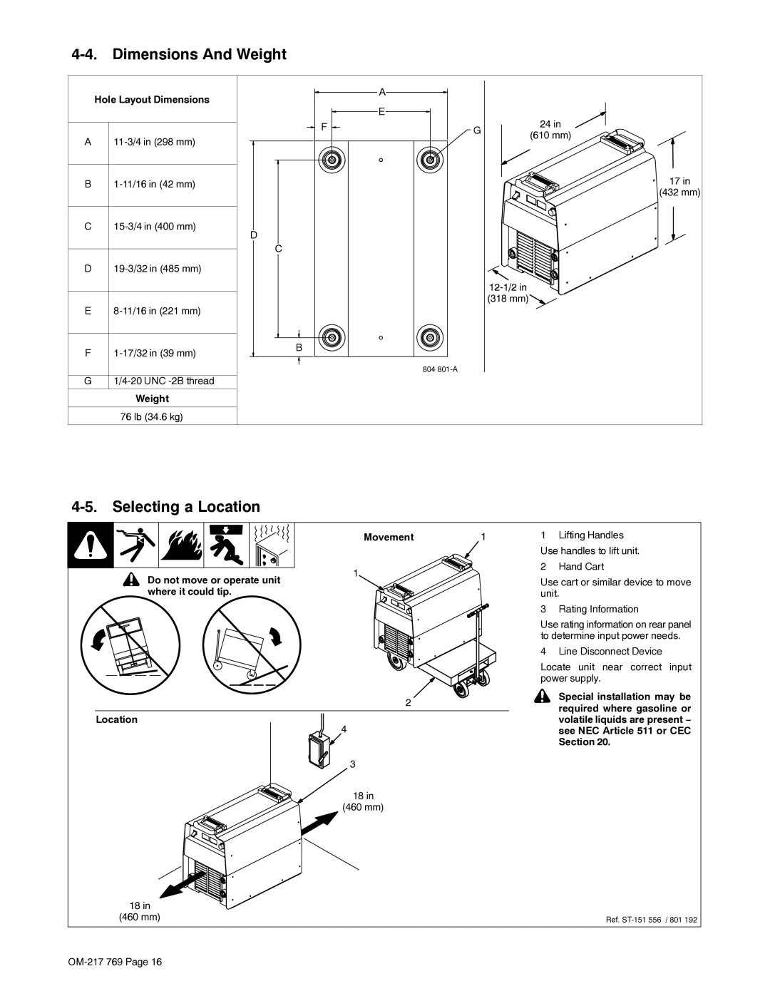 Miller Electric XMT 400 manual Dimensions And Weight, Selecting a Location 