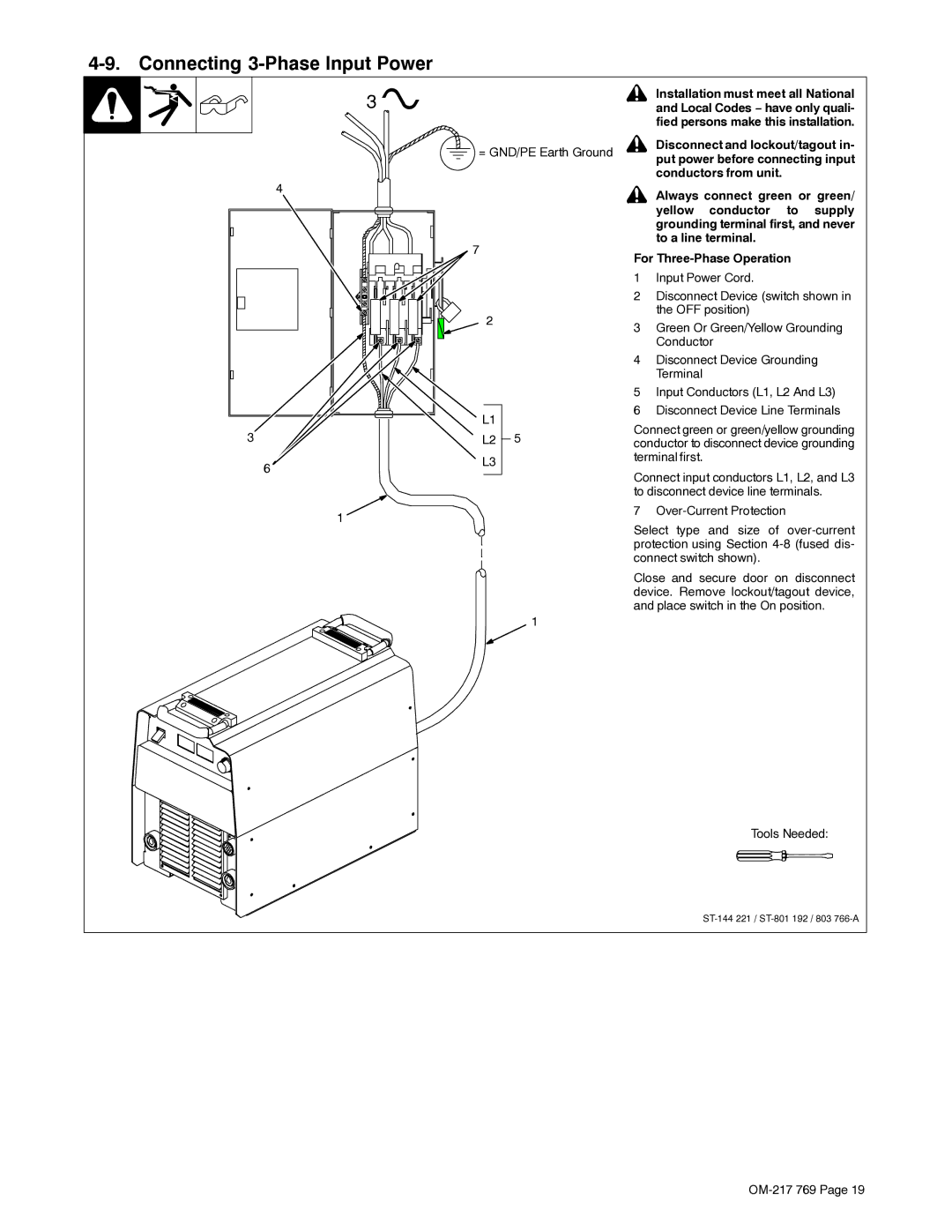 Miller Electric XMT 400 Connecting 3-Phase Input Power, Yellow Conductor, To a line terminal For Three-Phase Operation 