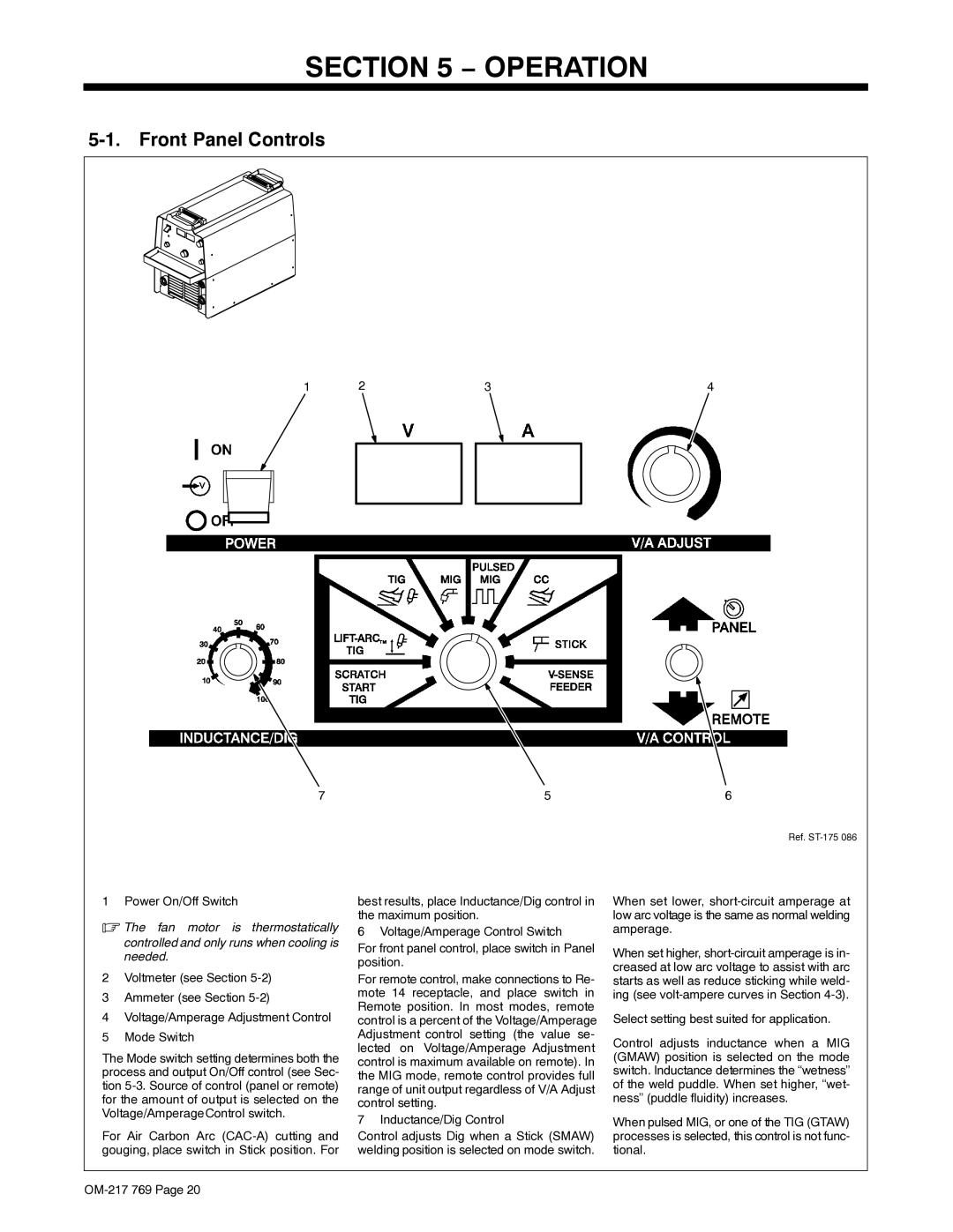 Miller Electric XMT 400 manual Front Panel Controls, Power On/Off Switch, Inductance/Dig Control 