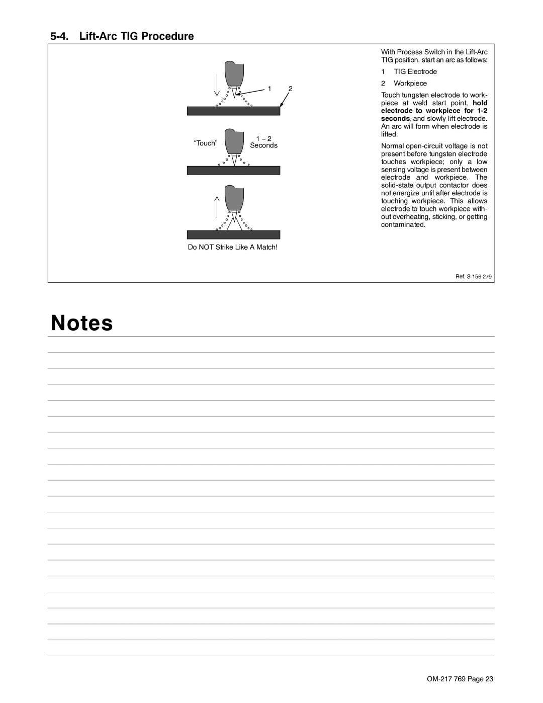 Miller Electric XMT 400 manual Lift-Arc TIG Procedure, Touch Seconds Do not Strike Like a Match 