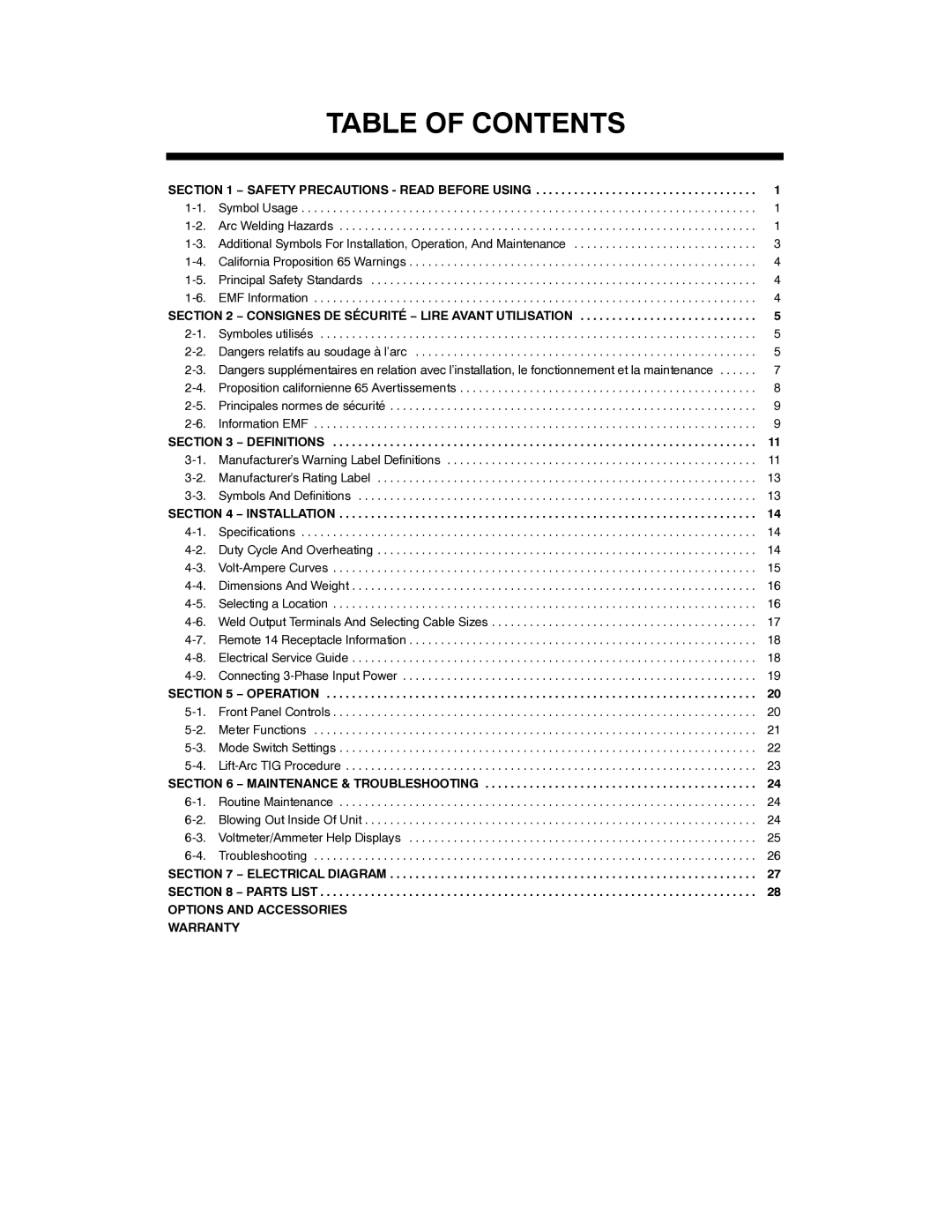 Miller Electric XMT 400 manual Table of Contents 