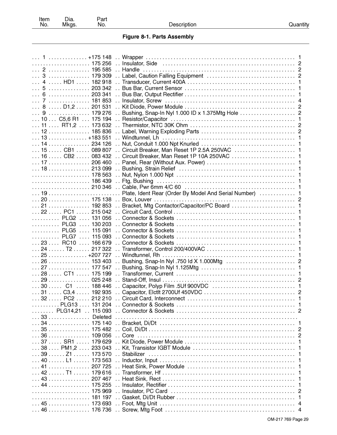 Miller Electric XMT 400 manual Dia Part Description Quantity 