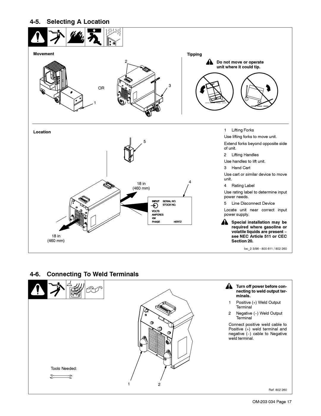 Miller Electric XMT 456 CC, XMT 456CV manual Selecting a Location, Connecting To Weld Terminals, Movement Tipping 