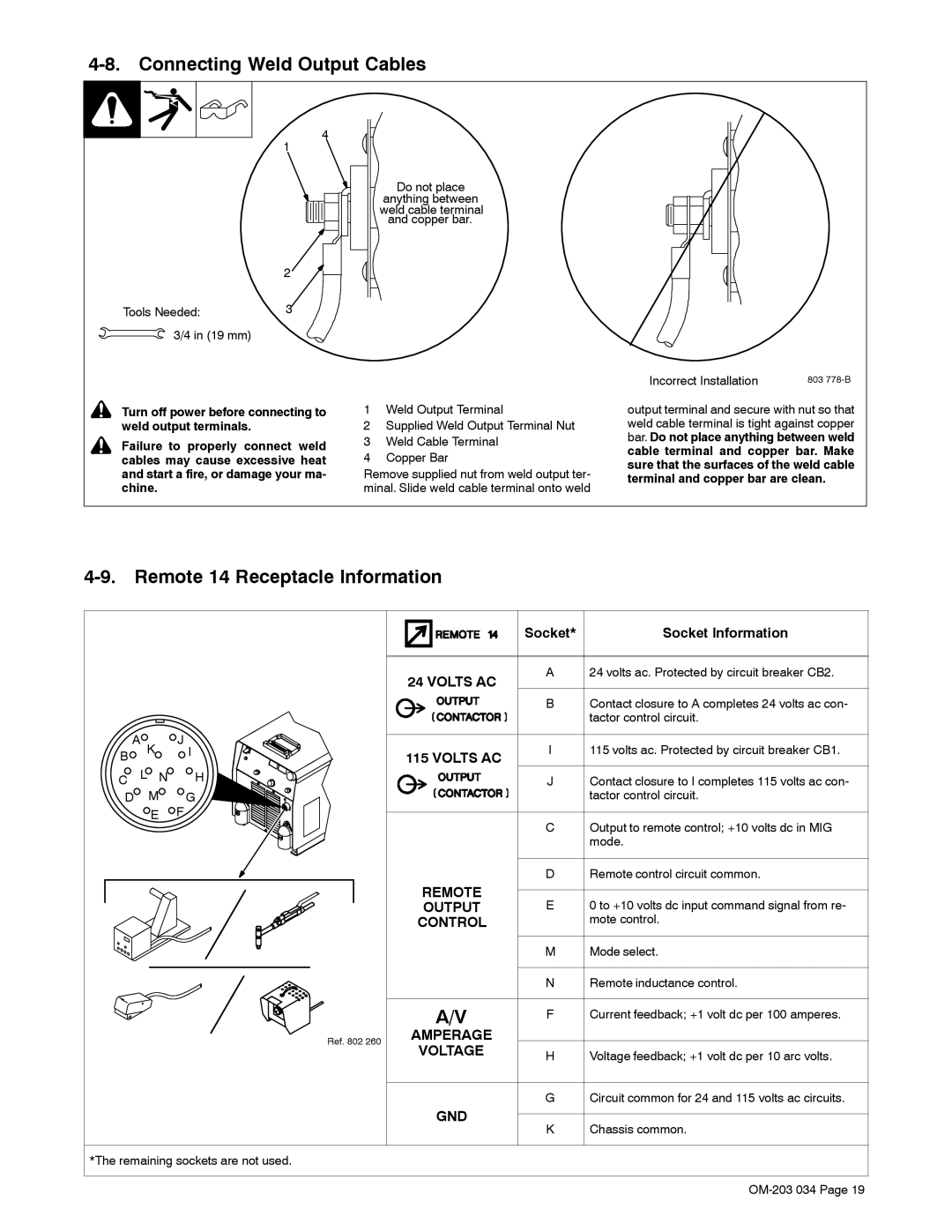 Miller Electric XMT 456 CC, XMT 456CV manual Connecting Weld Output Cables, Remote 14 Receptacle Information 