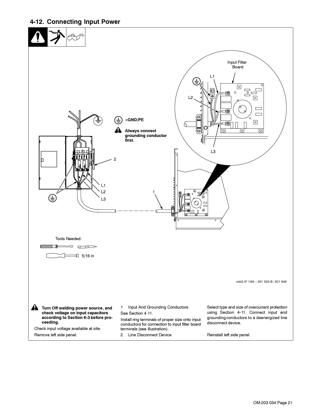 Miller Electric XMT 456 CC, XMT 456CV Connecting Input Power, Input Filter Board, Always connect grounding conductor first 