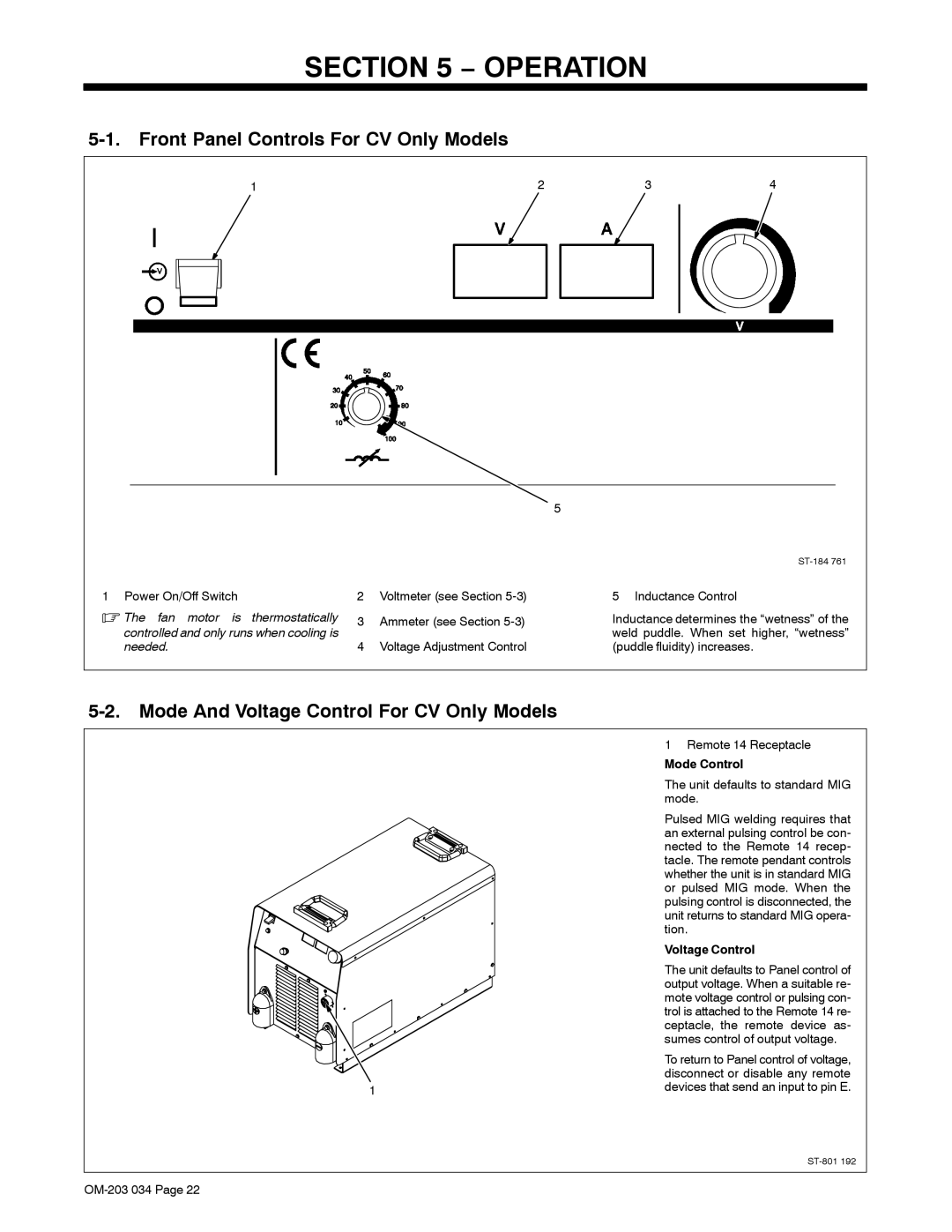 Miller Electric XMT 456CV, XMT 456 CC Front Panel Controls For CV Only Models, Mode And Voltage Control For CV Only Models 