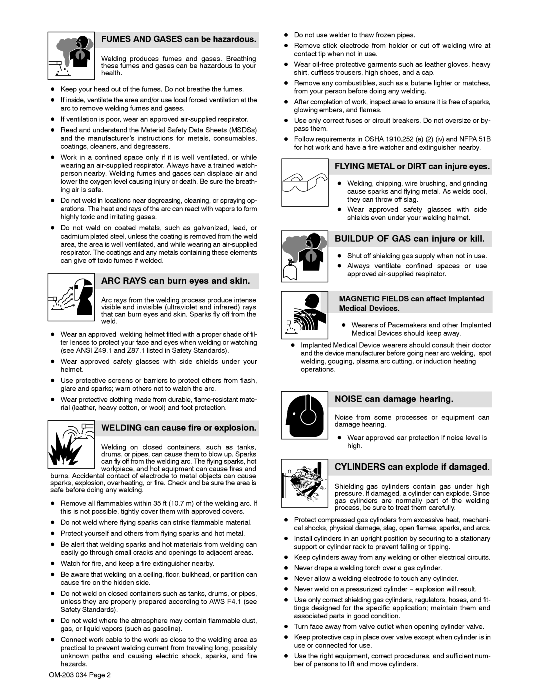 Miller Electric XMT 456CV Fumes and Gases can be hazardous, ARC Rays can burn eyes and skin, Noise can damage hearing 