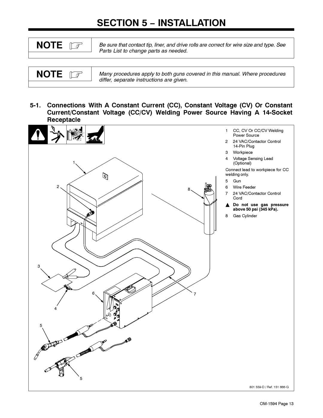 Miller Electric XR Control manual Do not use gas pressure, Above 50 psi 345 kPa 