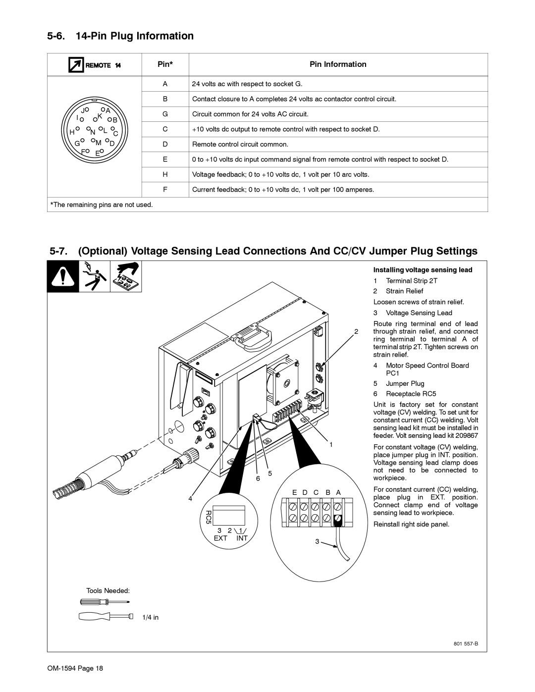 Miller Electric XR Control manual Pin Plug Information, Installing voltage sensing lead 