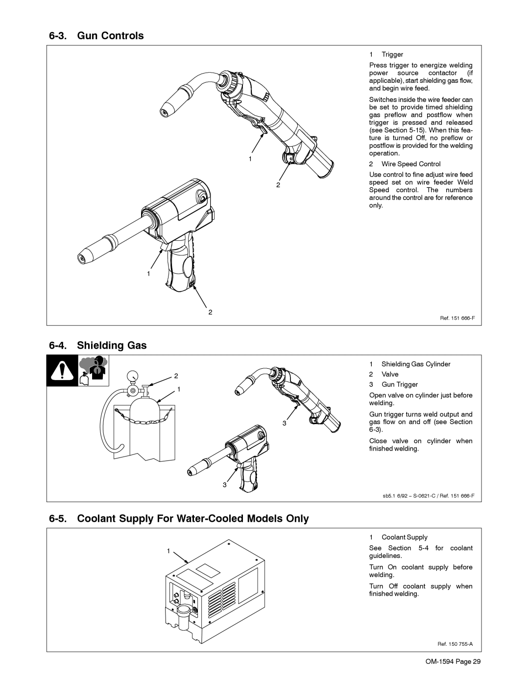 Miller Electric XR Control manual Gun Controls, Shielding Gas, Coolant Supply For Water-Cooled Models Only 