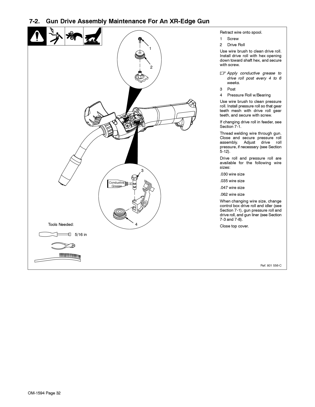 Miller Electric XR Control manual Gun Drive Assembly Maintenance For An XR-Edge Gun, Post Pressure Roll w/Bearing 