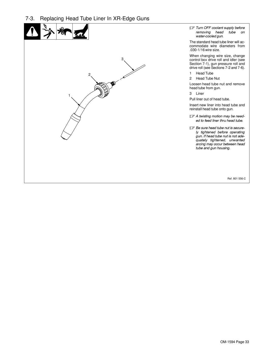 Miller Electric XR Control manual Replacing Head Tube Liner In XR-Edge Guns, 030-1/16 wire size 