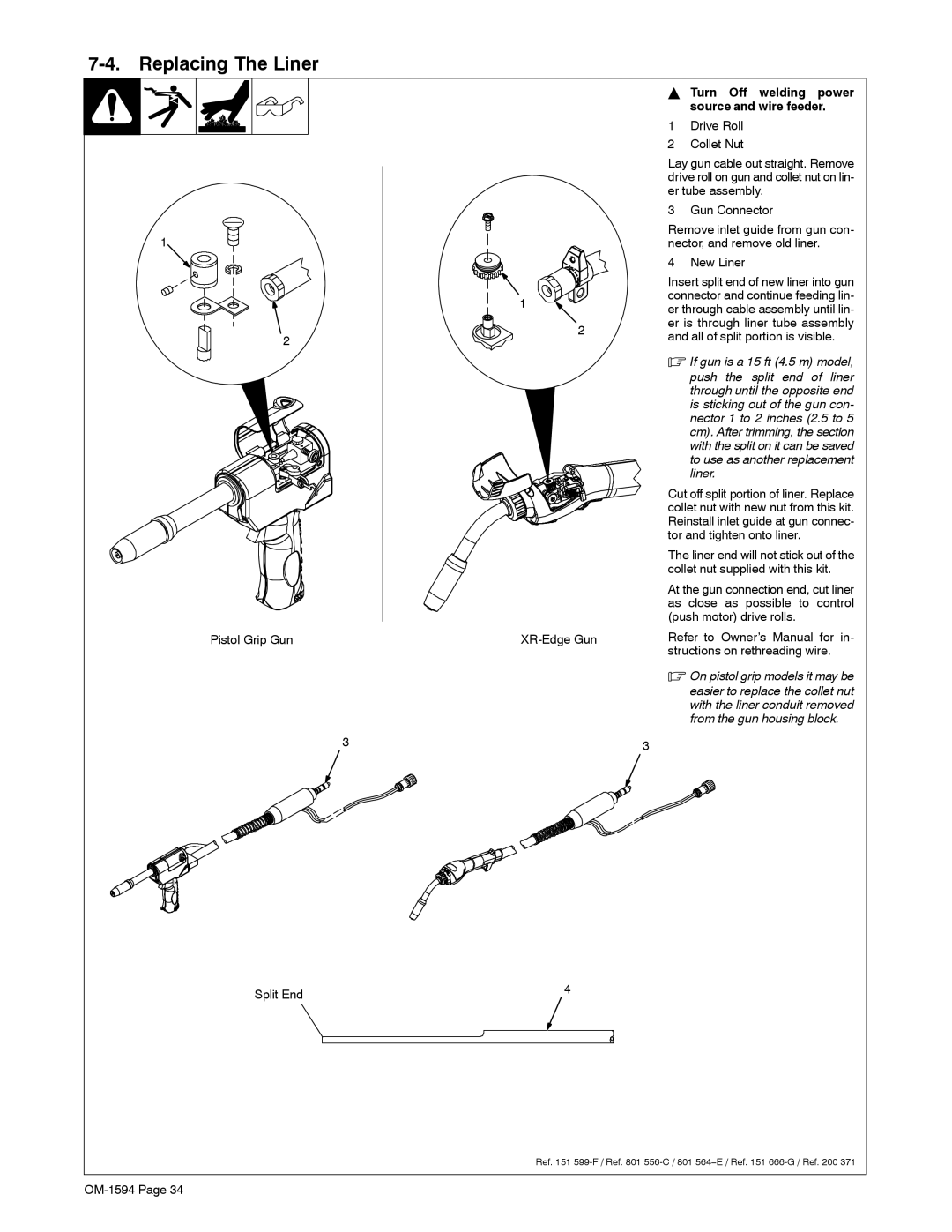 Miller Electric XR Control manual Replacing The Liner, Turn Off welding power source and wire feeder 