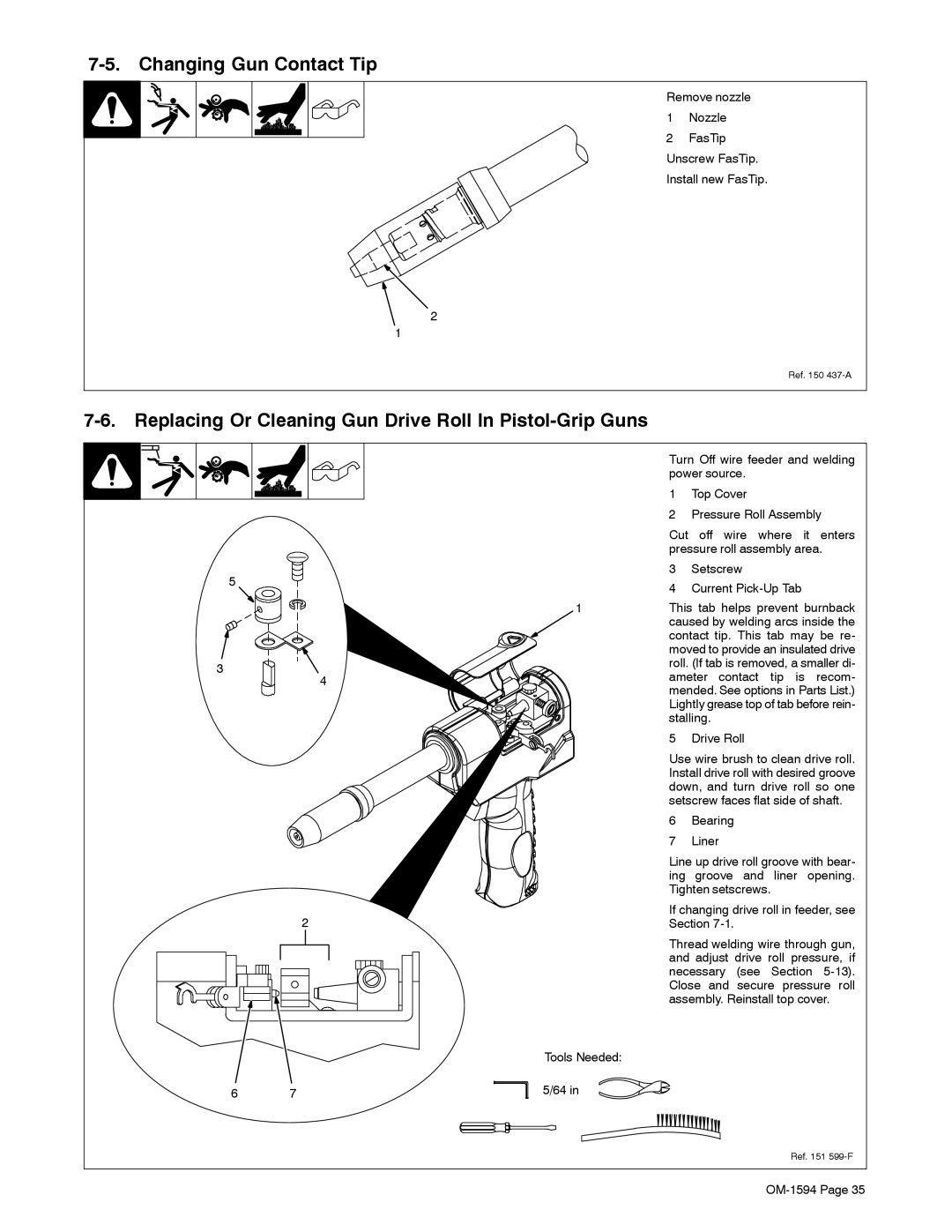 Miller Electric XR Control manual Changing Gun Contact Tip, Replacing Or Cleaning Gun Drive Roll In Pistol-Grip Guns 