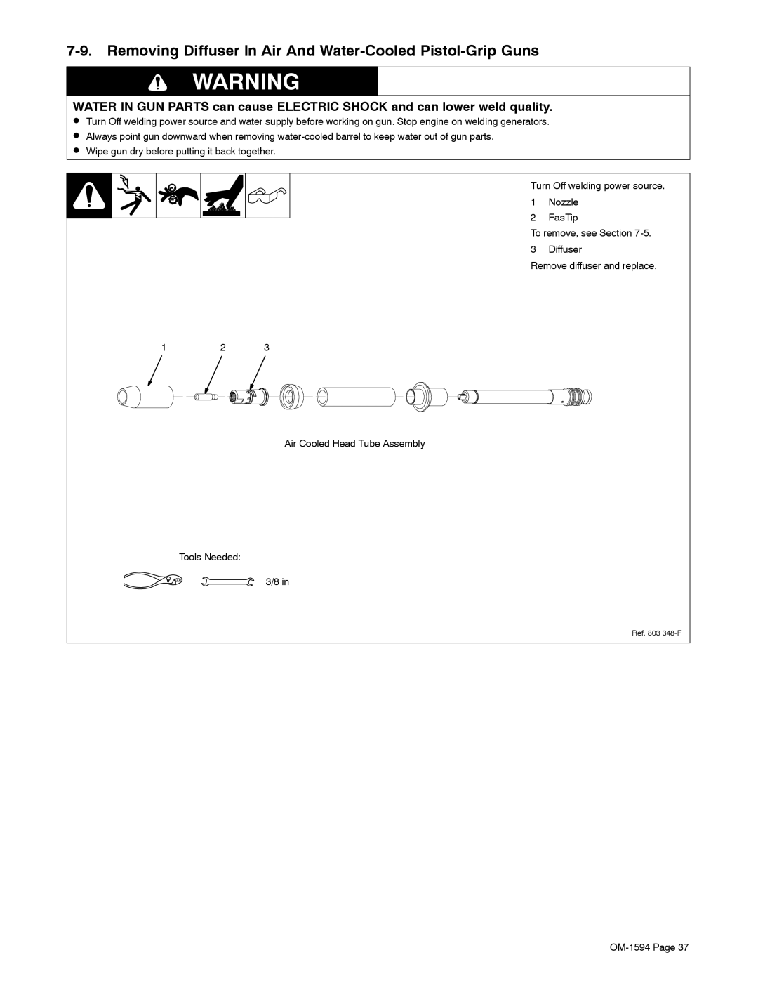 Miller Electric XR Control manual Removing Diffuser In Air And Water-Cooled Pistol-Grip Guns 