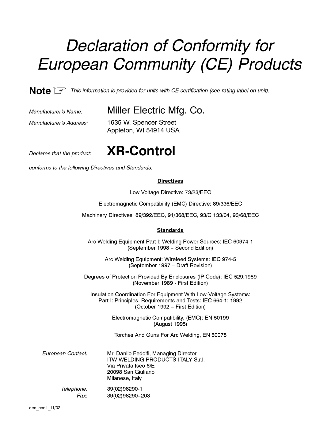 Miller Electric XR Control manual Directives, Standards 