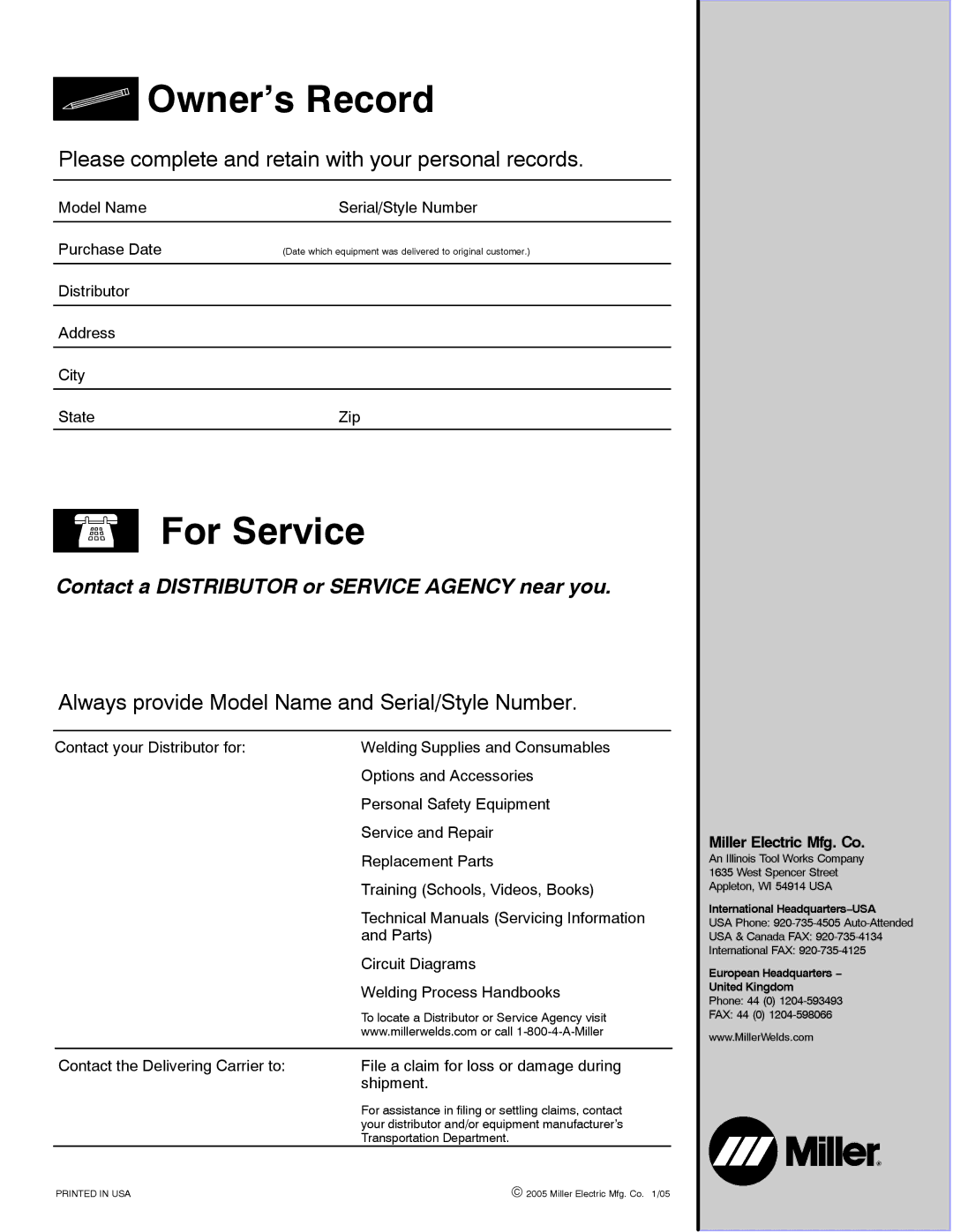 Miller Electric XR Control manual Owner’s Record, Miller Electric Mfg. Co 