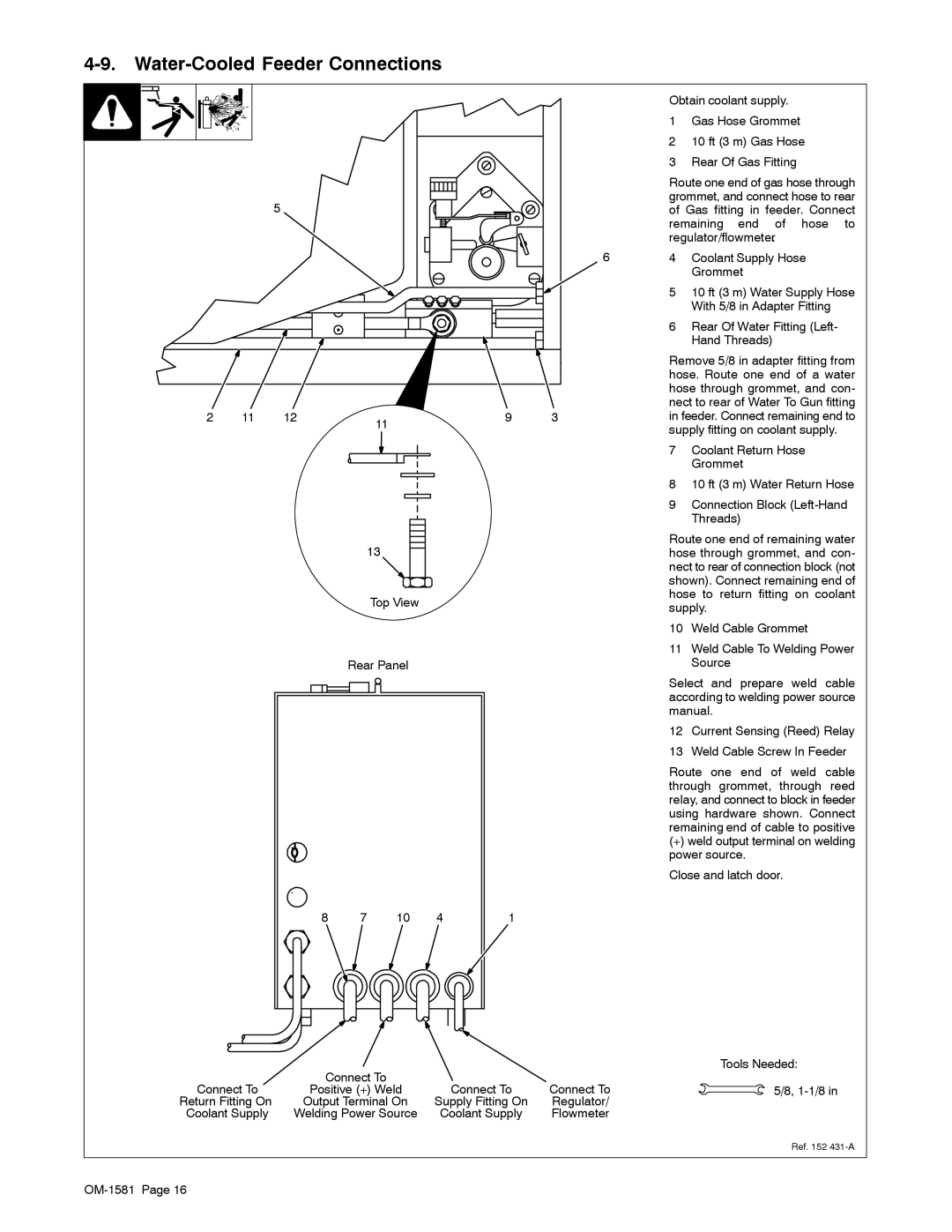 Miller Electric XR W Water-Cooled Feeder Connections, Top View Rear Panel, Return Fitting On, Supply Fitting On Regulator 