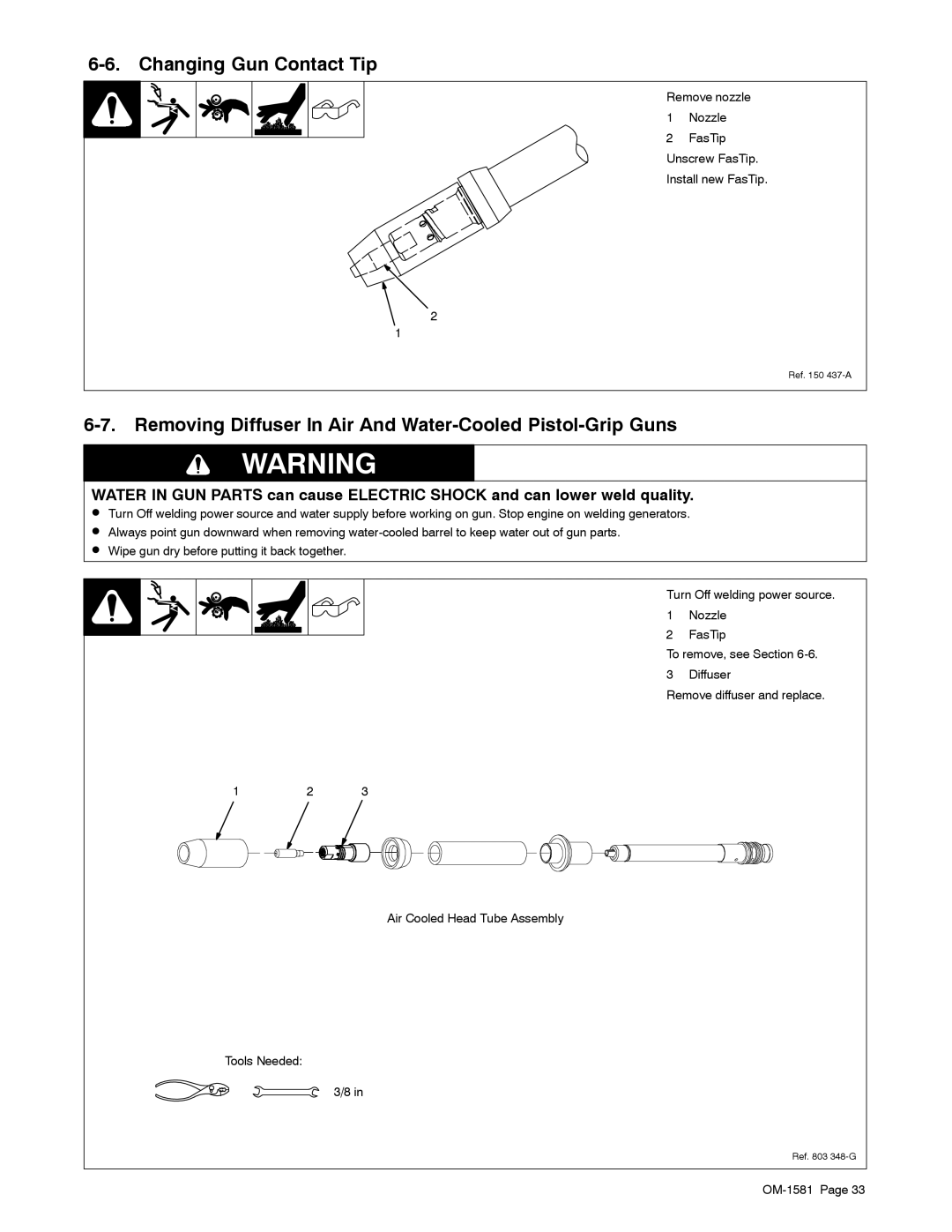 Miller Electric XR A, XR W manual Changing Gun Contact Tip, Removing Diffuser In Air And Water-Cooled Pistol-Grip Guns 