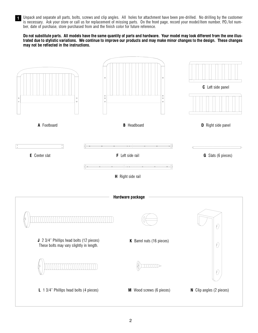 Million Dollar Baby None manual Footboard Headboard, Center slat Left side rail, Hardware package 