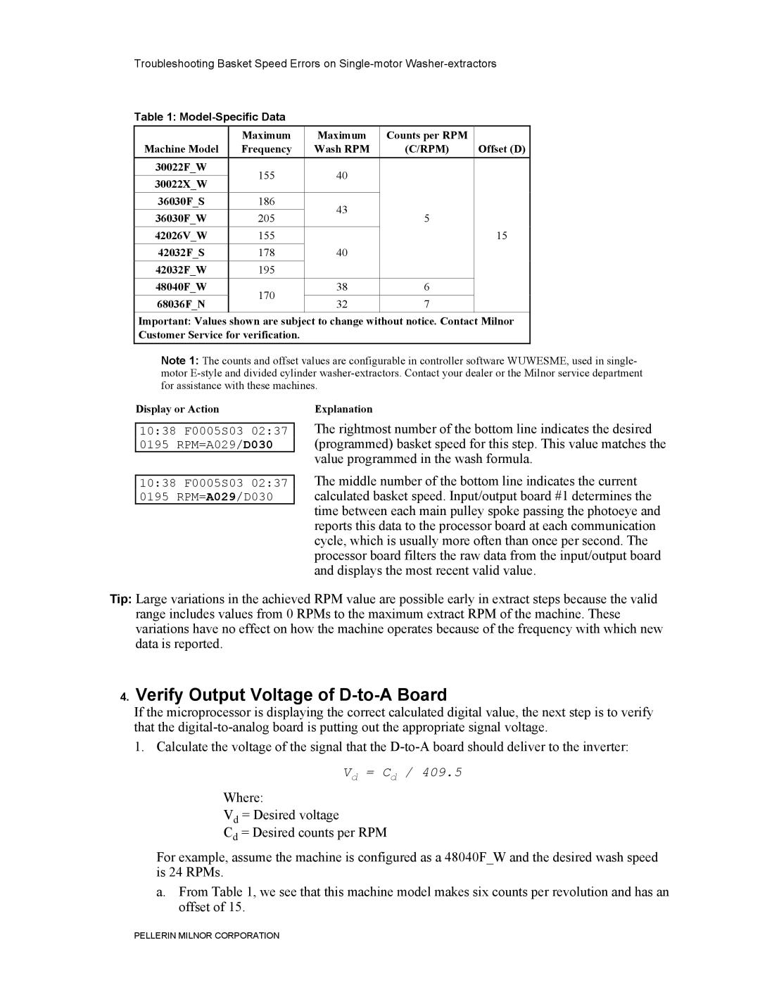 Milnor BICWUT01 manual Verify Output Voltage of D-to-A Board, Model-Specific Data 