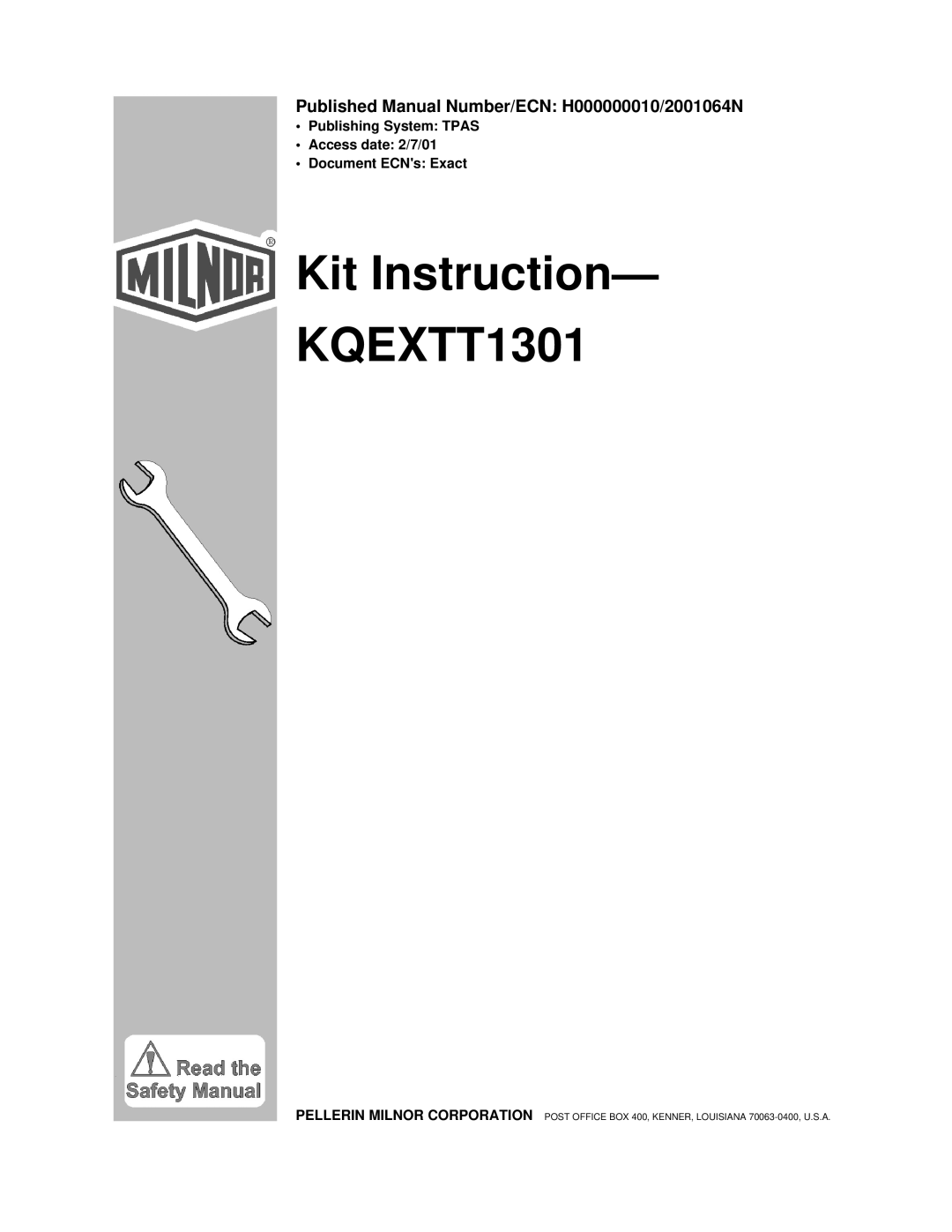 Milnor KQEXTT1301 manual 