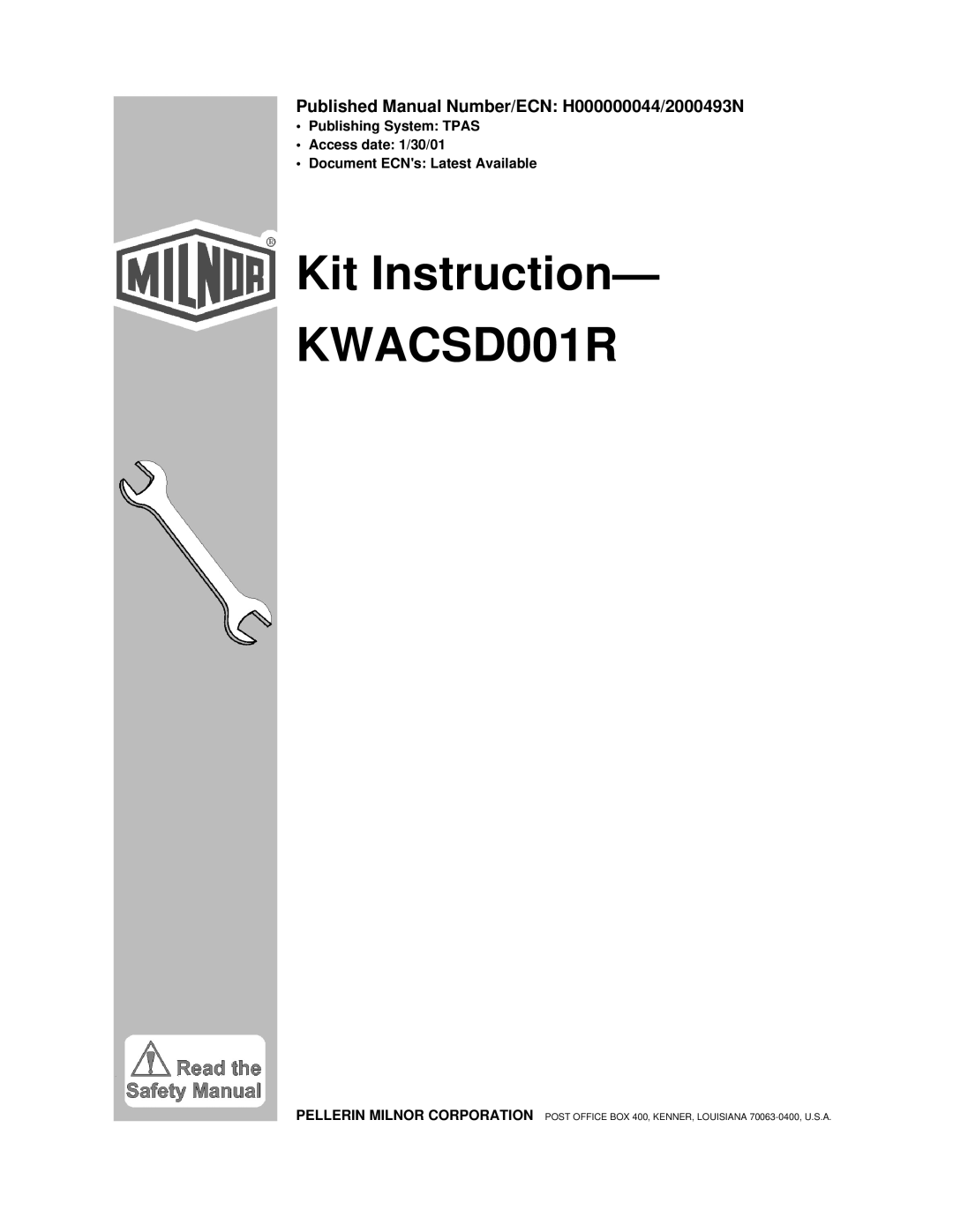 Milnor KWACSD001R manual 