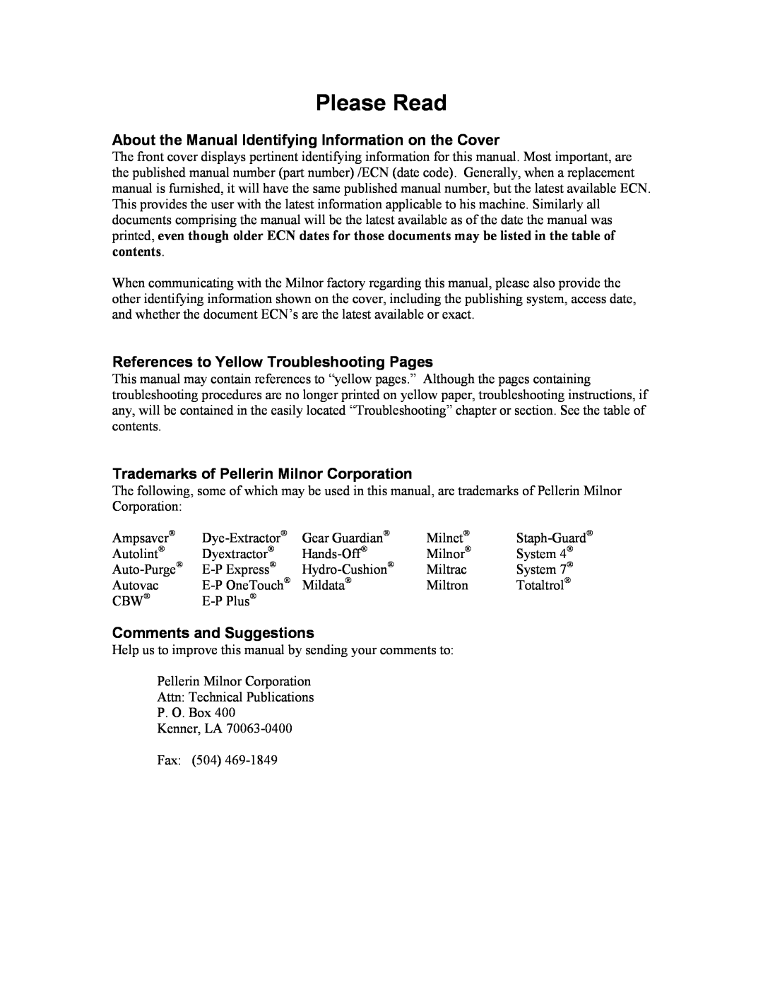 Milnor KWACSD001R manual Please Read, References to Yellow Troubleshooting Pages, Trademarks of Pellerin Milnor Corporation 
