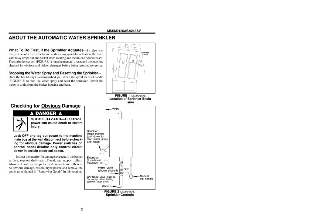Milnor KWACSD001R manual About The Automatic Water Sprinkler, Checking for ObviousDamage, MSSM0126AE/9243AV, sure 
