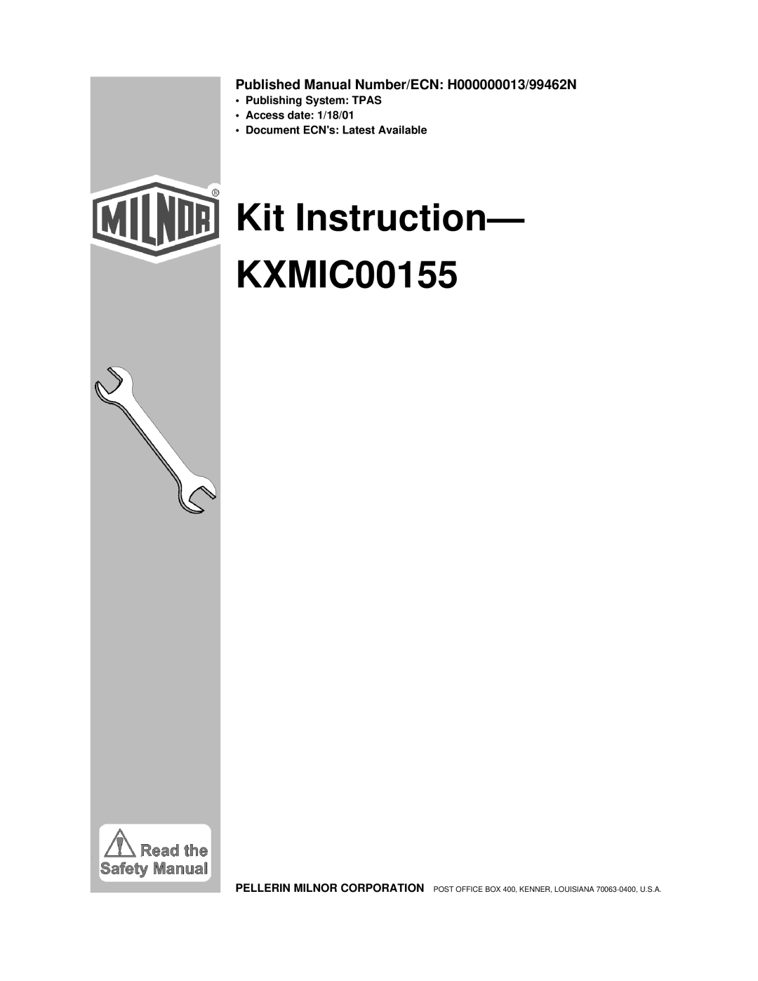 Milnor manual Kit Instruction KXMIC00155 