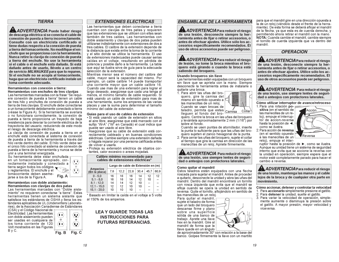 Milwaukee 0240-20 manual Tierra, Extensiones Electricas, Ensamblaje DE LA Herramienta, Operacion 
