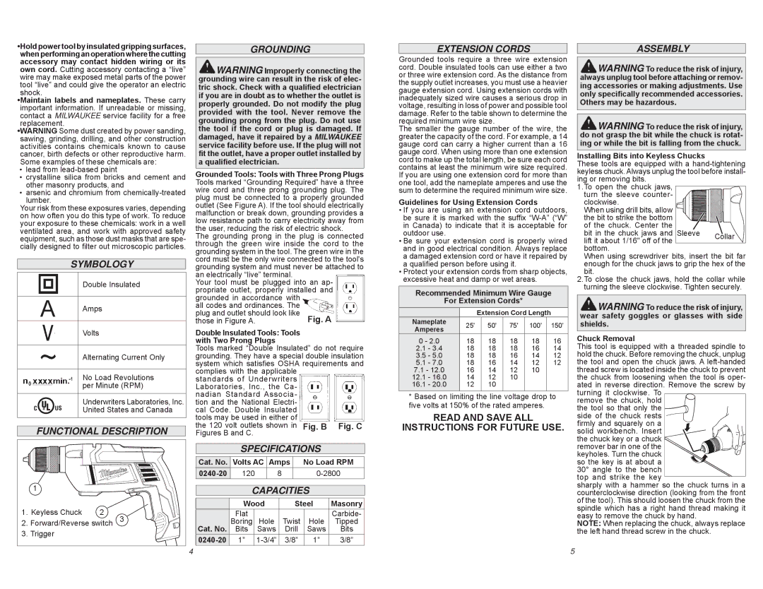 Milwaukee 0240-20 Symbology, Functional Description, Grounding, Specifications, Capacities, Extension Cords, Assembly 