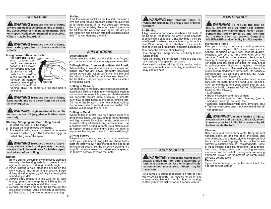 Milwaukee 0240-20 manual Operation, Applications, Accessories Maintenance 