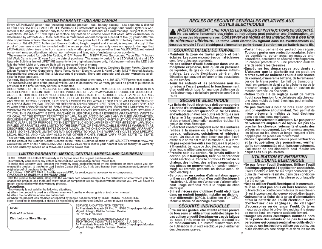 Milwaukee 0240-20 manual Sécurité DU Lieu DE Travail, Sécurité Électrique, Sécurité Individuelle 