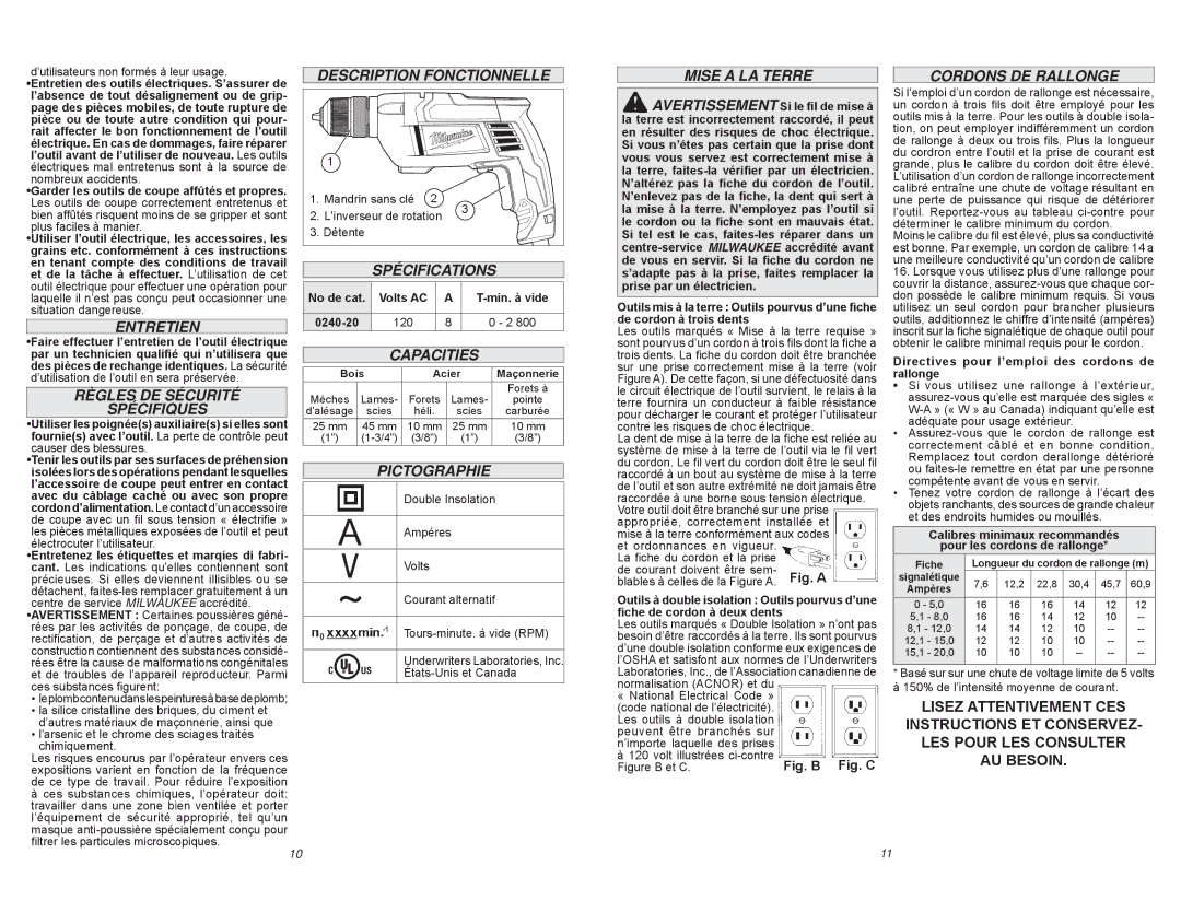 Milwaukee 0240-20 manual Entretien, Règles DE Sécurité Spécifiques, Description Fonctionnelle, Spécifications, Pictographie 